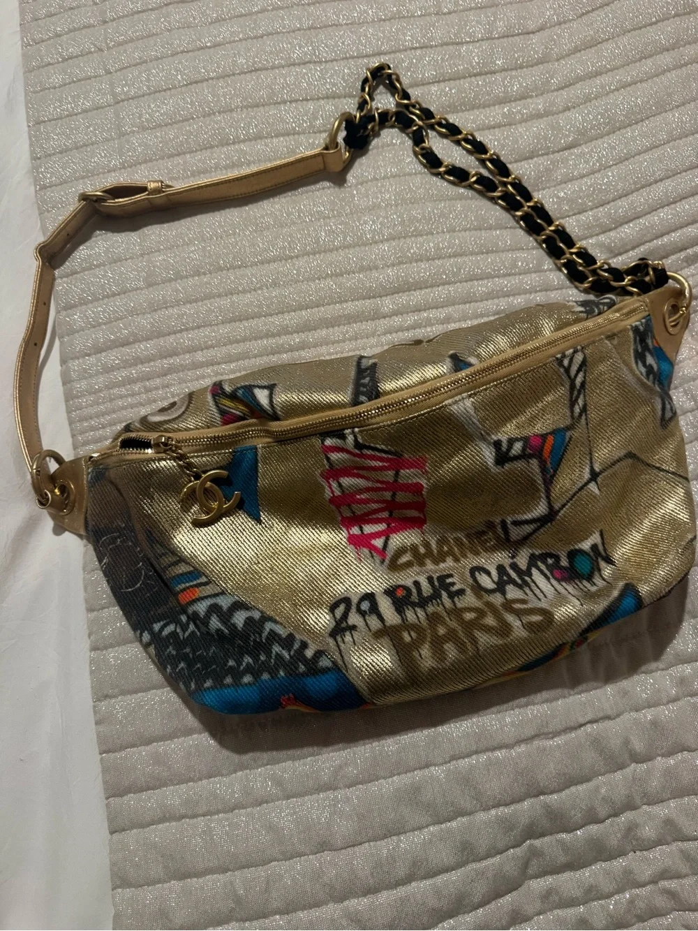 CHANEL Gold Egyptian Multicolor Graffiti-Print Chain Shoulder Bag
